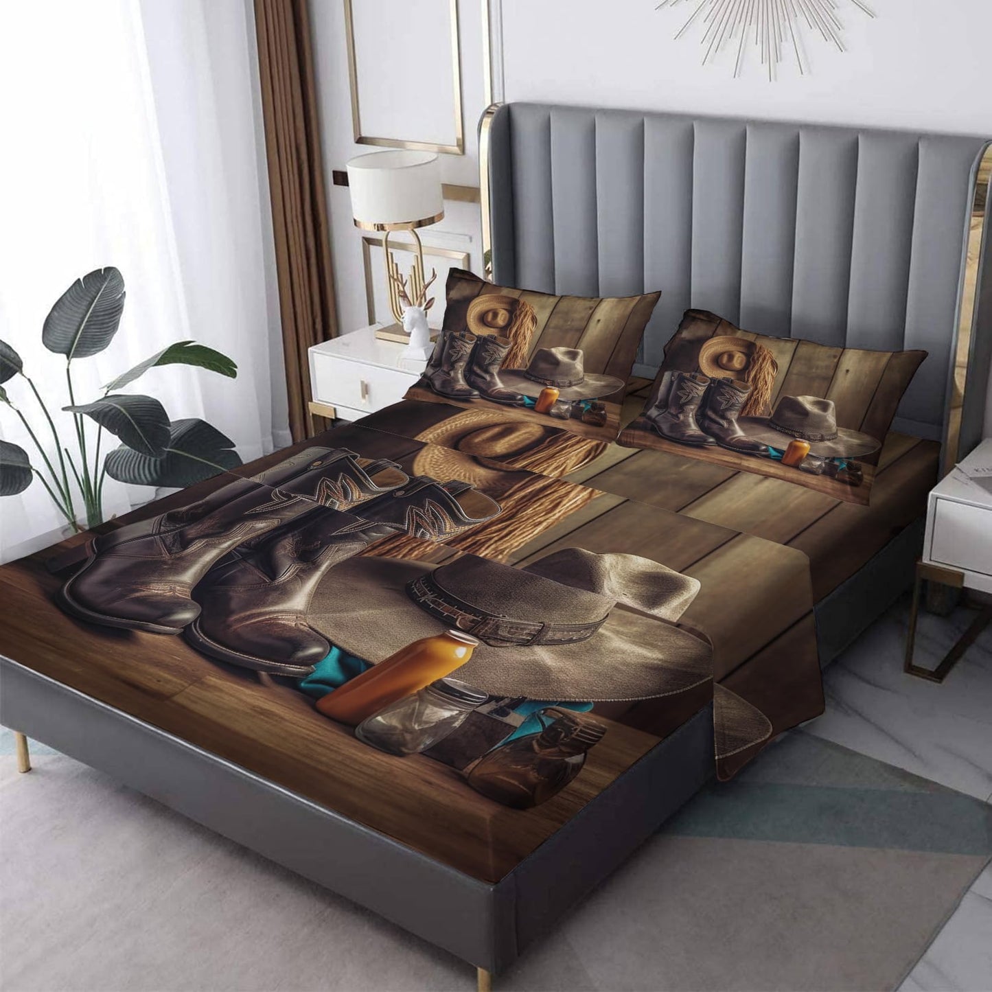 zcsm Western Cowboy Sheets King Size - Western Decor Bed Sheets, Soft Microfiber & Deep Pocket & Wrinkle Free Patterned Bedding Sheets & Pillowcases, 1 Fitted Sheet, 1 Flat Sheet, 2 Pillow Cases