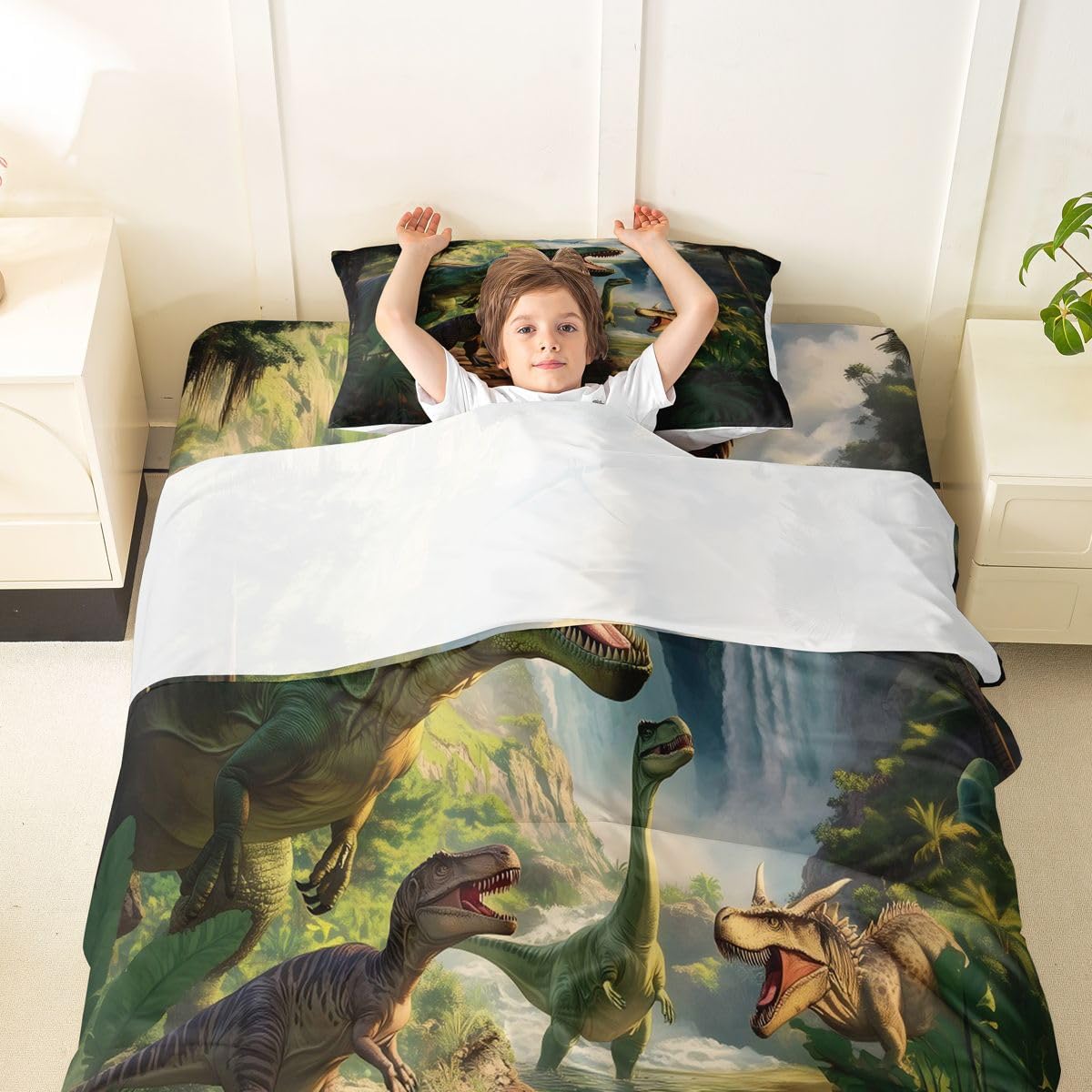 Feelyou Dinosaur Bed Sheets Set Twin Size 3D Digital Print Bed Set Jungle Dino Deep Pocket Fitted Sheet Wild Animal Breathable Soft Lightweight Microfiber Green White Brown