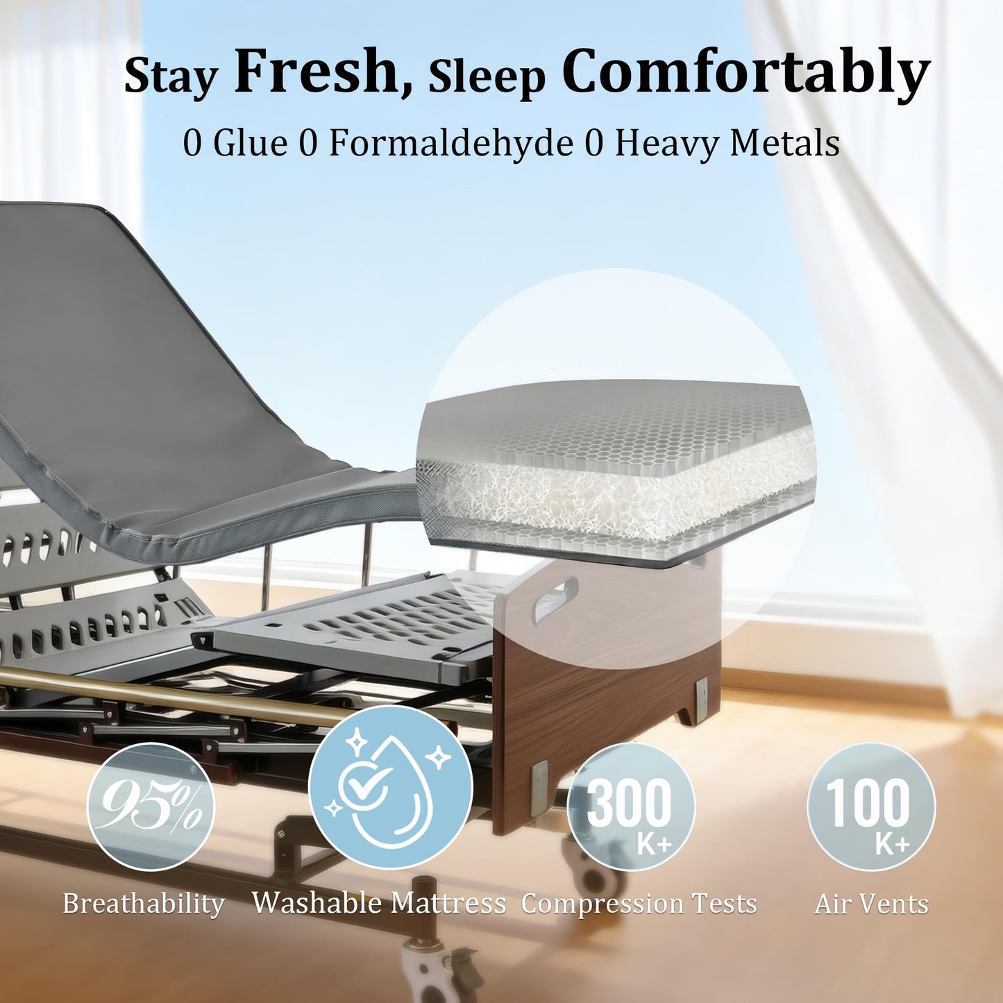 OxtraCare Zygenair Hospital Bed 6-Section ABS Ergonomic Design, 3 Function Adjustable Medical Homecare Bed for Home Use, Electric Nursing Bed with Mattress and Remote Control, IV Pole Included