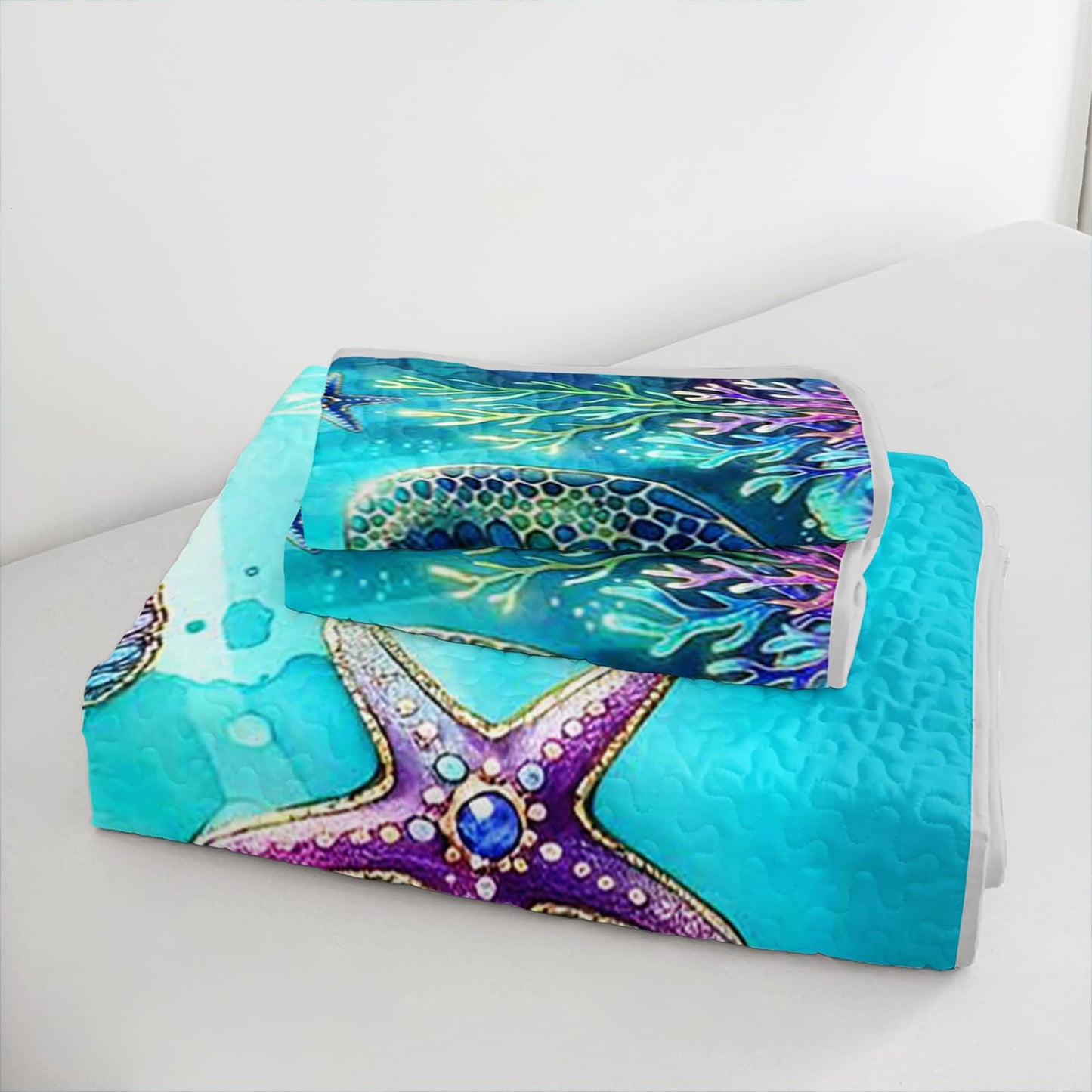 UEVBF Teal Ocean Theme Quilts Set King Size,3Pcs Sea Turtle Coral Shell Bedspread for Kids Adults Girls Boys Room Decor,Soft Lightweight Bedding Sets with 2 Pillowcases.