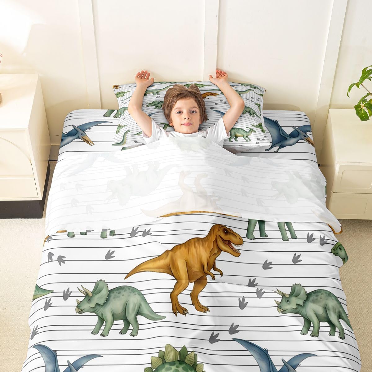 Feelyou Dinosaur Bed Sheets Set Twin Size 3D Digital Print Bed Set for Kids Boys Girls Jungle Dino Deep Pocket Fitted Sheet Wild Animal Breathable Soft Lightweight Microfiber Orange and Green