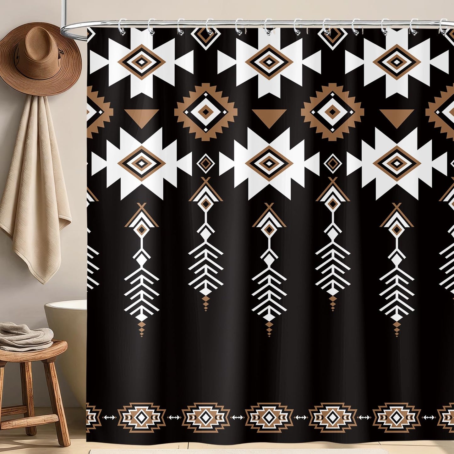 Aeivice Black Western Aztec Shower Curtain, Vintage Abstract Geometric Cowboy Shower Curtains Set, Boho Southwestern Tribal Native Neutral Fabric Shower Curtains for Bathroom with Hooks 72X72IN Brown