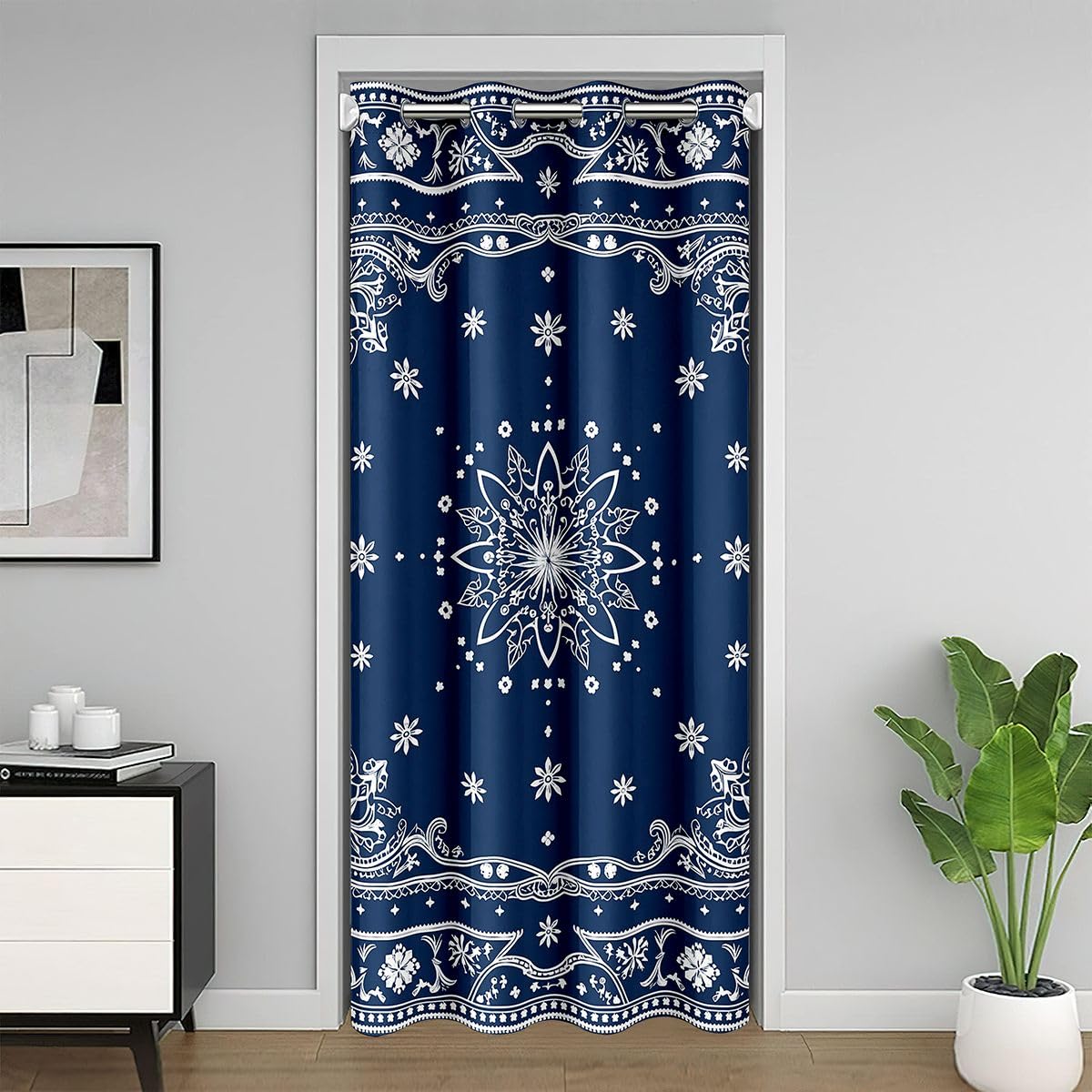 Feelyou Flower Door Curtain for Doorway Window 42" x 84" Paisley Thermal Insulated Temporary Room Dividers Boho Paisley Navy Blue Print Closet Cover Bedroom Living Room Microfiber