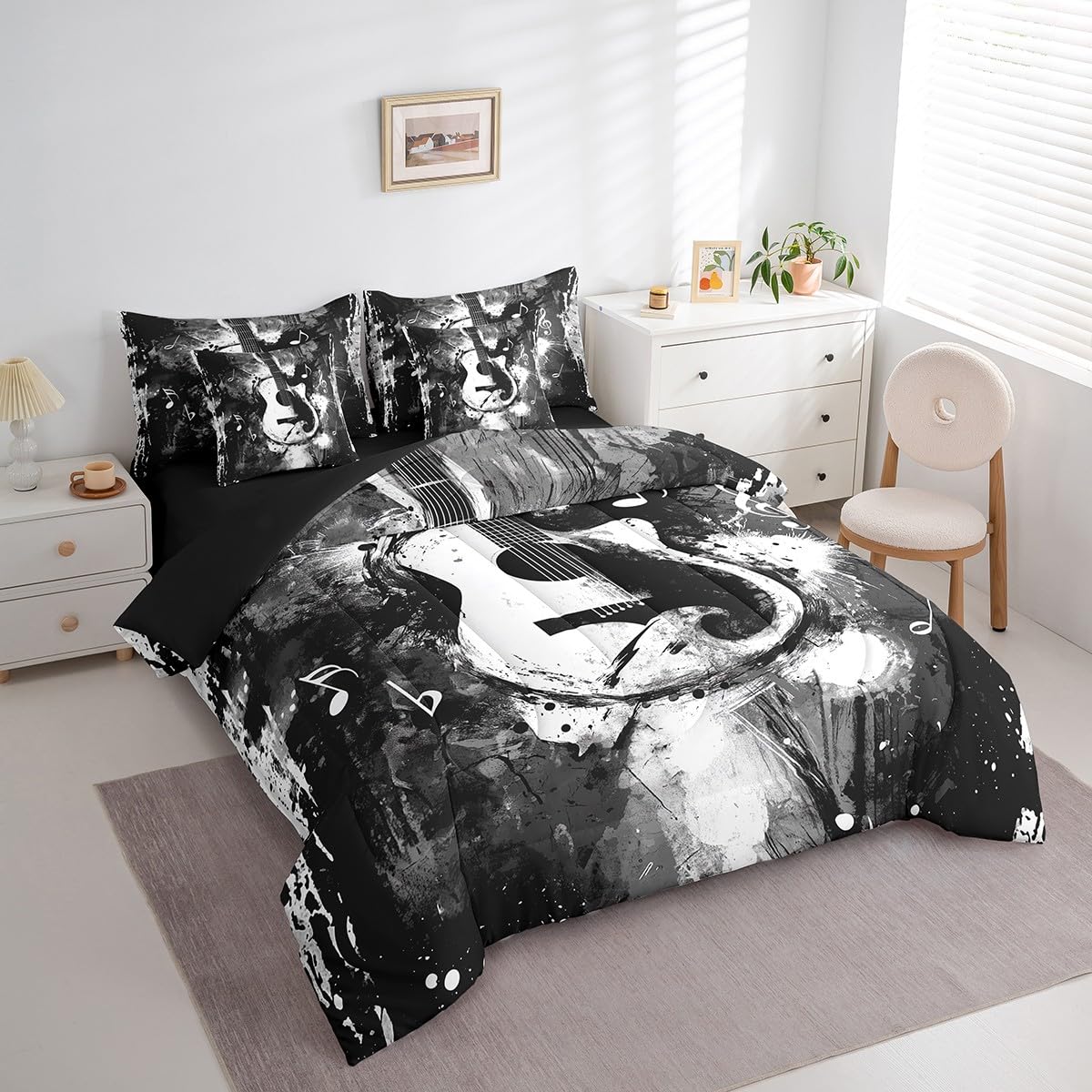 Feelyou Guitar Comforter Set with Sheets Queen Size Rock Music Bed in a Bag for Boys Girls Teens Black Gray 7 Pieces Bedding Set Soft Lightweight Microfiber