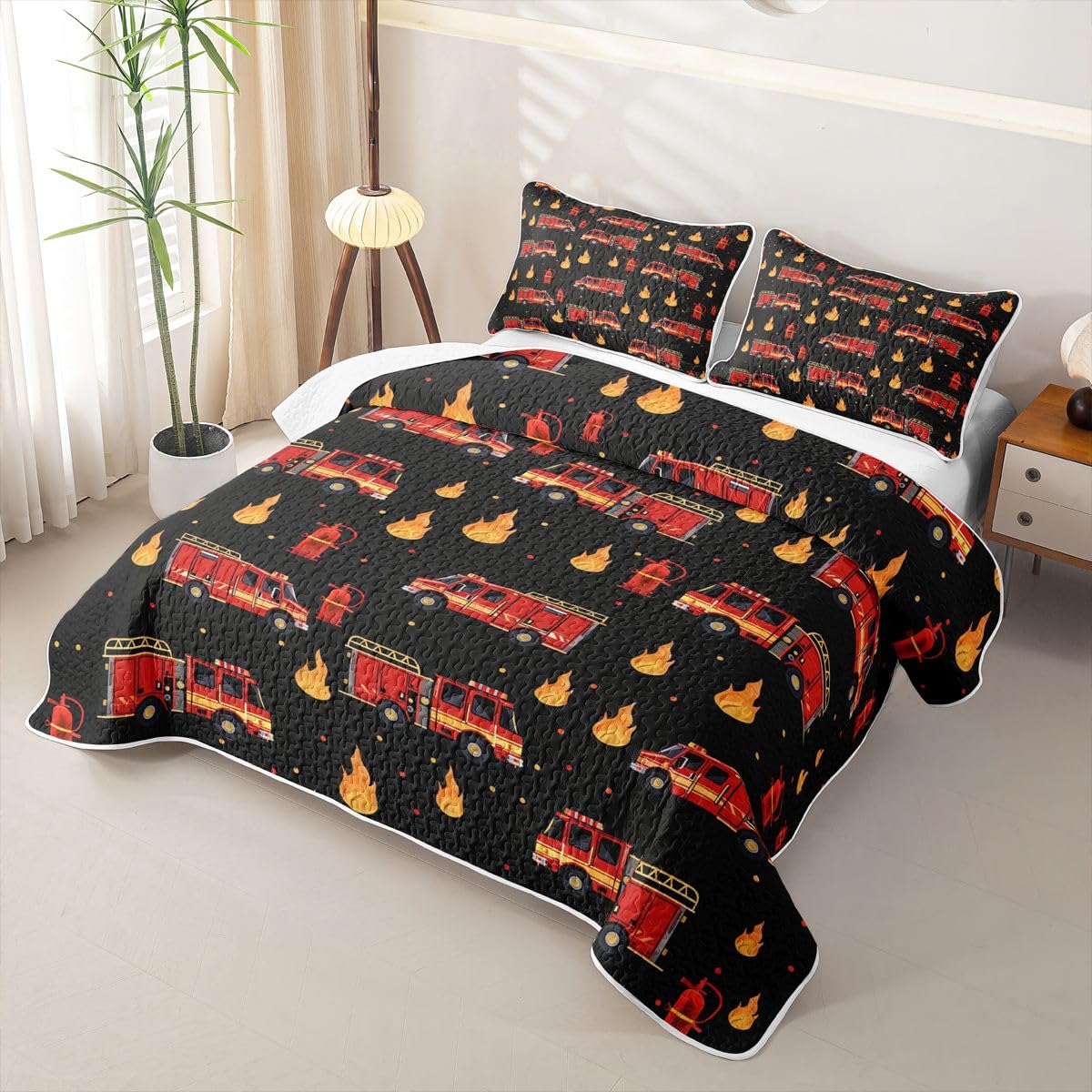 Erosebridal Fire Truck Quilt Set Twin Size Black and Red Bedspread Set Cartoon Red Firemen Car Quilts for Kids Boys Teens Adults Fire Engine Quilt Bedding, Lightweight