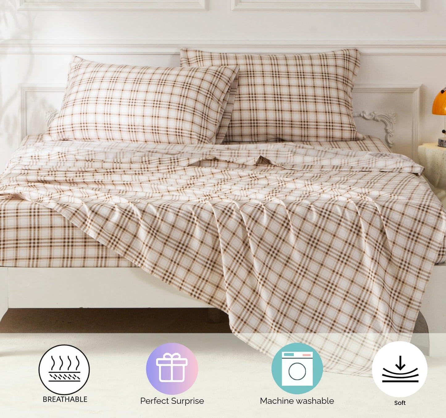 SDY Brown Plaid Twin Size Comforter Set, Luxury Soft Bed in a Bag Twin 7 Pieces, All Season Bedding Set with Comforters, Sheets, Pillowcase & Sham