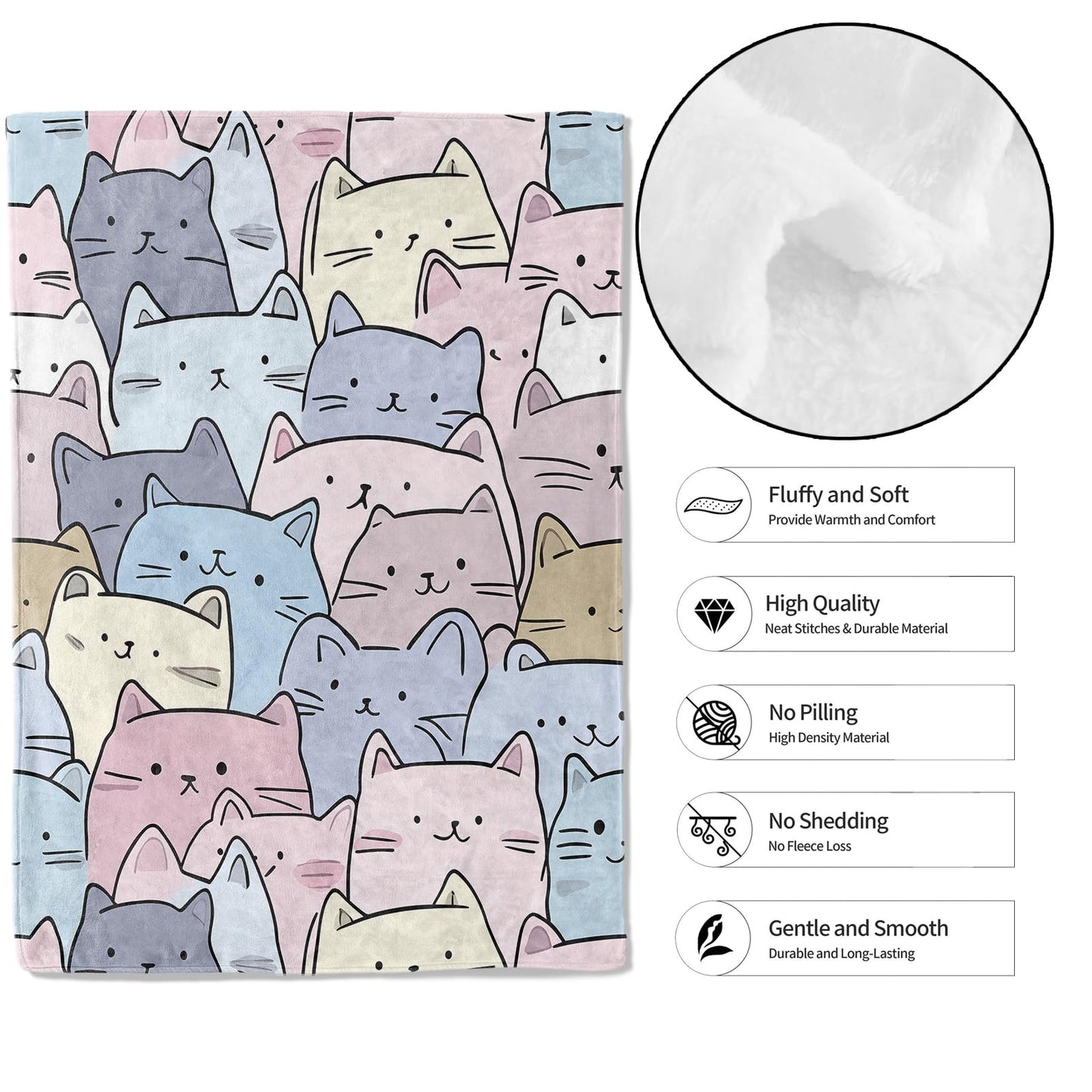 MIEPOS Cute Pastel Cat Face Throw Blanket, 50x60in, Soft, Lightweight Flannel,Kawaii Cartoon Cats in Pink, Blue, Cream and Lilac Blankets, Gifts for Women, for Home Living Room Decor