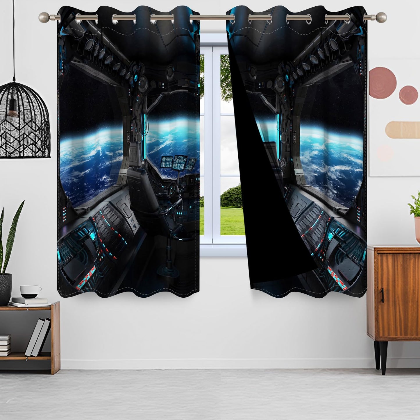 Renaiss Spacecraft Interior Window Curtains Futuristic Spaceship Cockpit Window Treatments Outer Space Earth View Blackout Drapes for Bedroom Living Room French Door Decor 42x63 Inches x 2 Panels