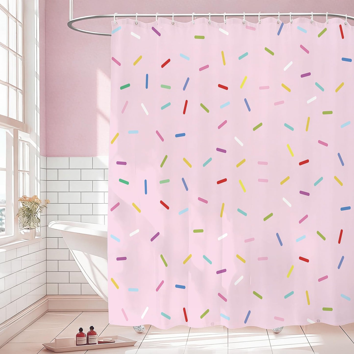 MEHOFOND Sweet Donut Pink Girl Shower Curtain Bathroom Decorations Donut Grow up Confetti Sprinkle Shower Curtain Set with 12 Hooks 72x72in