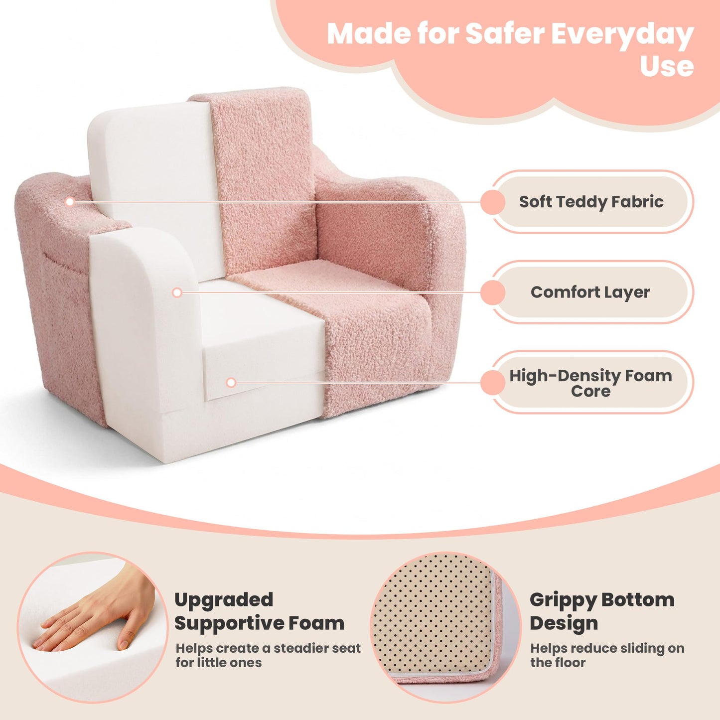 Toddler Couch 2-in-1 Fold Out Toddler Chairs, Soft Comfy Lounger with Washable Cover Pocket, Kids Sofa for Reading, Perfect for Bedroom, Playroom, Living Room, Gift for Girls Boys Age 1-3, Pink