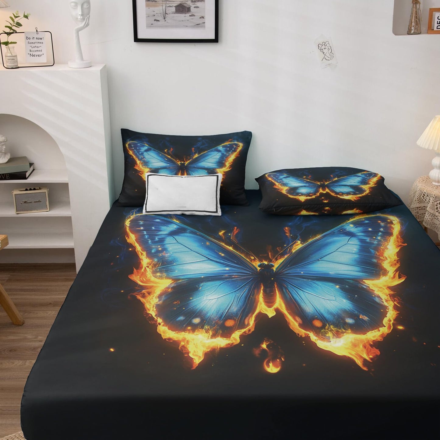 Rejkxyw King Size Sheets Set Fantasy Butterfly - Cartoon Butterflies Bed Sheets - Boys Girls Sheet Set - 12 Inch Deep Pocket - Ultra Soft Winkle Free Microfiber Bedding Sheets & Pillowcases 4 Piece