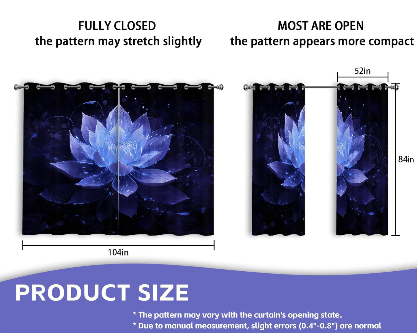soeeao Royal Blue Lotus Blackout Curtains, Black and Navy Blue Lotus Flower Window Drapes for Bedroom Living Room, 84 inch Length 2 Panels Set, 52x84 inch