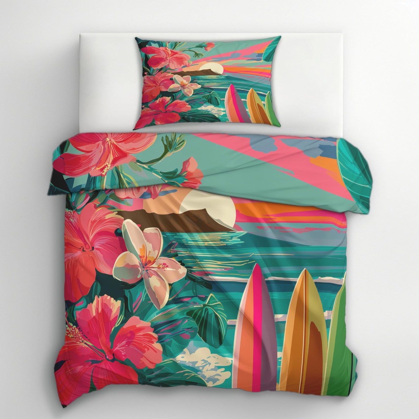 Tropical Beach Full Duvet Cover Set 3 Piece, Hawaiian Hibiscus Surfboard Reversible Bedding with 2 Pillow Shams, Zipper & Ties, Ultra Soft Microfiber, Tropical Bedroom Decorations 29A-W