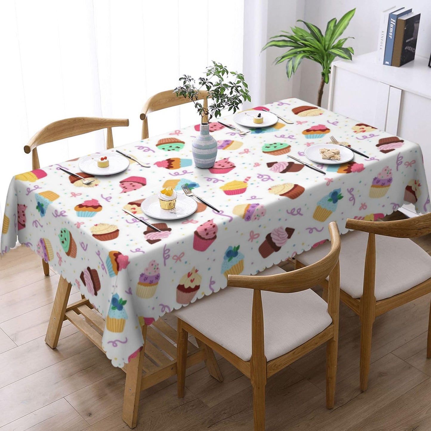 DRAVVIX Cute Cupcakes Rectangular Tablecloth Cartoon Cakes Table Cloth with Wavy Lace Decoration Polyester Table Cover for Dining, Parties 54x72 inch