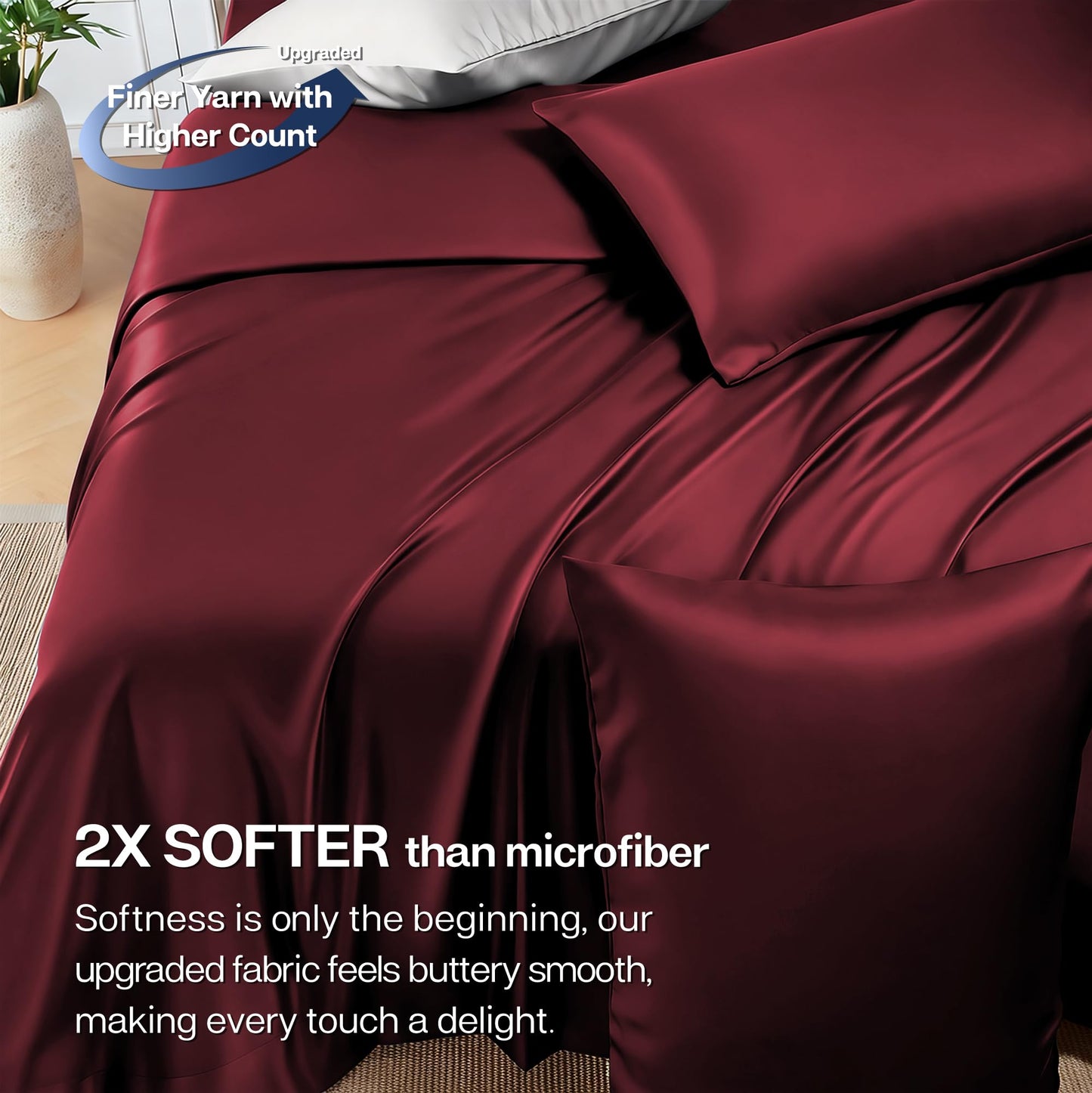 MR&HM Full Size Bed Sheets, 4-Piece Cooling Sheets, Rayon Derived from Bamboo & Polyester Blend, Soft & Silky, 15" Deep Pockets with Elastic Straps, Hotel Luxury for Hot Sleepers, Burgundy