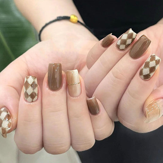 Medium Press on Nails Square Acrylic Gradient Nails Press ons with Silver Glitter Design Lattice Glue on Nails Glossy Fake Nails White Full Cover Cute Artificial False Nails for Girls 24Pcs