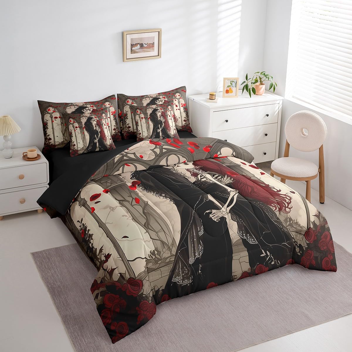 Erosebridal Couple Skull Comforter Set Romantic Valentine's Day 7 Piece Bedding Set Full Size for Adults Men Women,Gothic Skull Skeleton Bed in A Bag Skeleton Lovers Sheet Set with Comforter