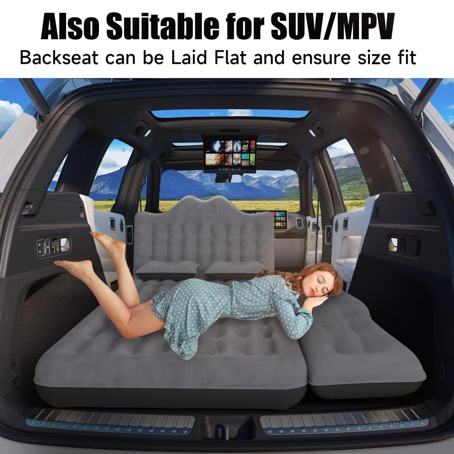 DikaSun Car Air Mattress, Inflatable SUV Truck Air Mattress Back Seat Camping Bed Thickened Car Sleeping Pad for Travel, Car Bed SUV Mattress with Air Pump 2 Pillows