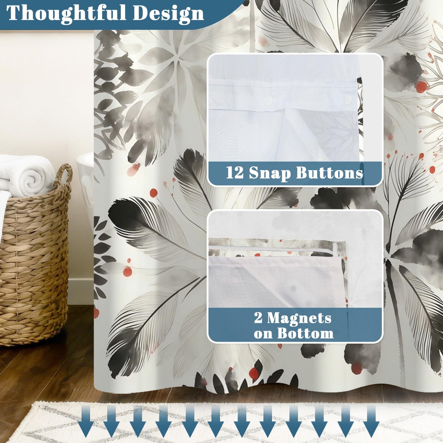 Xiazhilaio Black Floral Shower Curtain with Snap in Liner, 71x74 Inch