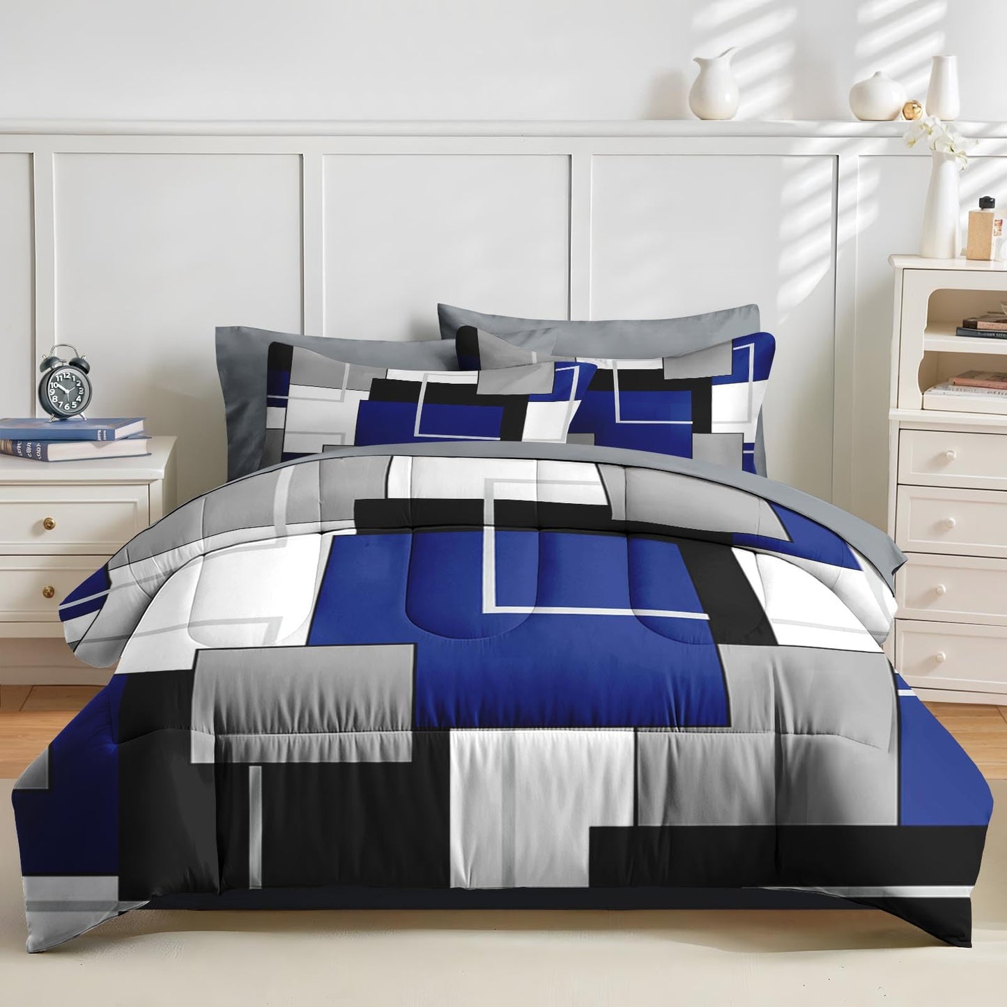 Nesker Comforter Set Queen Size, Blue Black Geometric 7 Pcs Bedding for Kids and Adults, Abstract Modern Grey Bed Sheet Sets with Fitted Sheet 2 Pillowcases & 2 Shams
