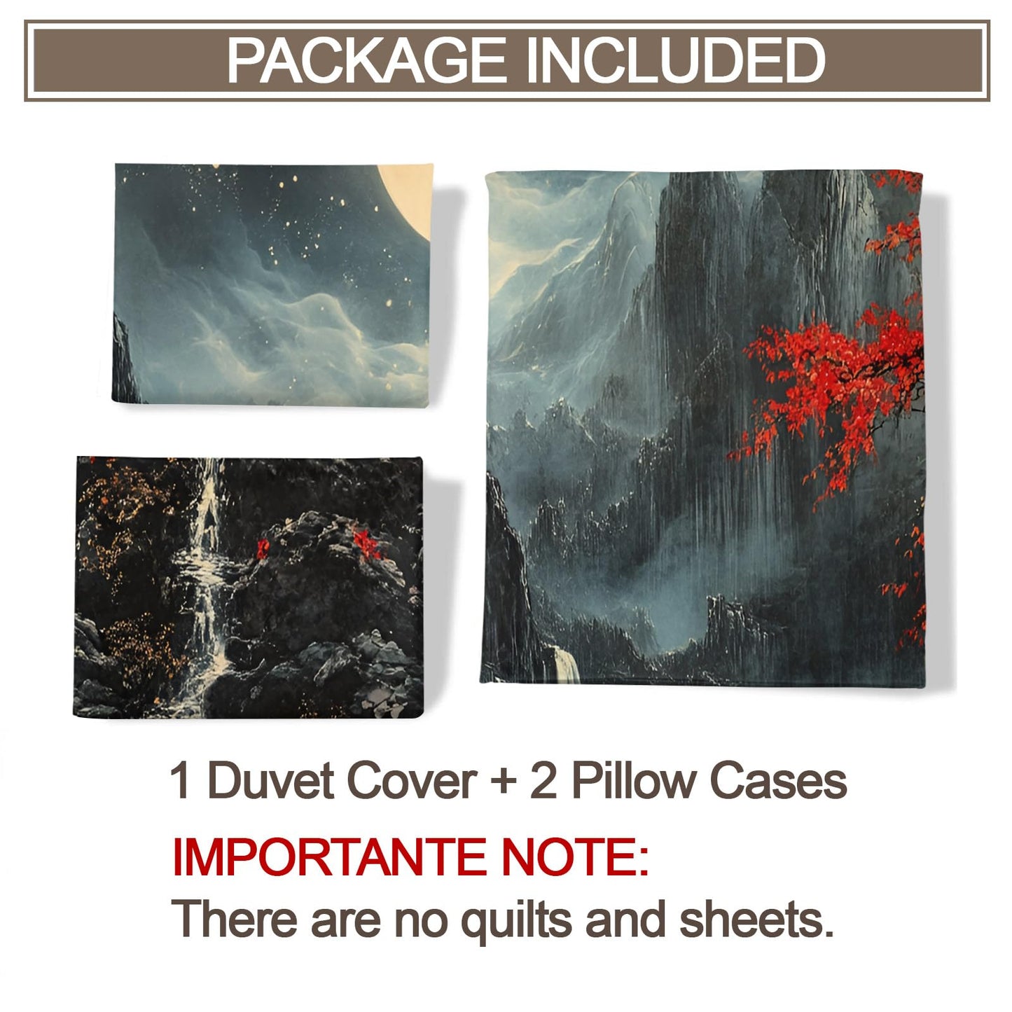 PAISUOQ Waterfall Bedding Sets Full Oriental Night Scene Comforter Cover with Zipper Ties, Traditional Paintings Duvet Cover with 2 Pillowcases, 3 Pieces，Bedroom Decor & Gifts