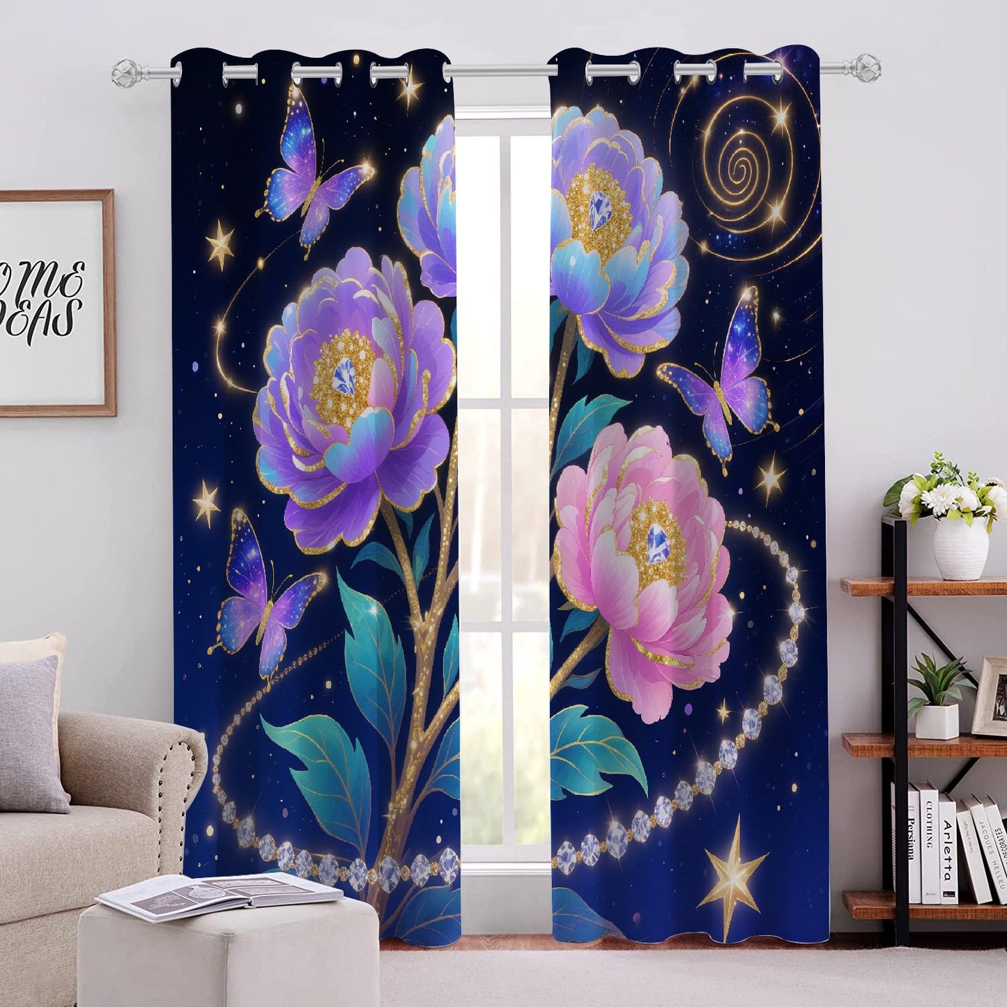 Shiny Fantasy Flowers Blackout Curtains, Flying Beautiful Butterfly 3D Print Pattern Curtain, 2 Panels Thermal Insulated Top Grommet Darkening Drapes for Living Room Bedroom(84" W x 84 "L)
