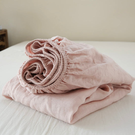 King Linens 100% Linen Fitted Sheet Stone Washed Solid Color - (1 Piece) 14 inch Deep Pocket Mattress Cover Soft Natural Breathable Farmhouse - Pink, Twin Size