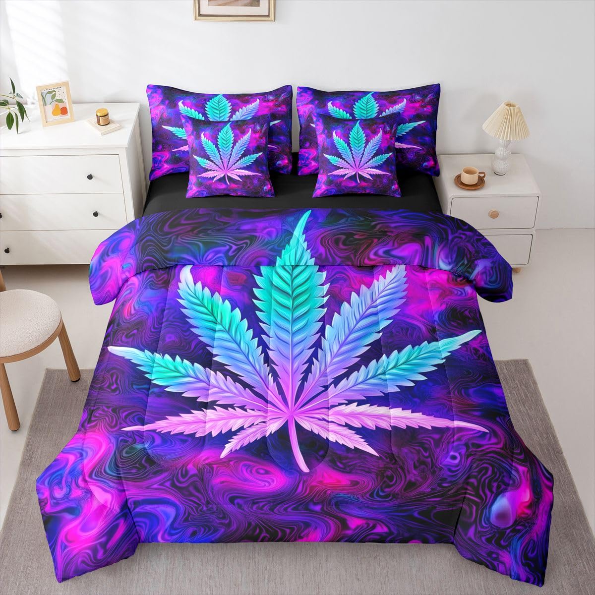 Erosebridal Purple Black Queen Size Comforter Set,Hippie Leaf 7-Piece Bed in A Bag,Leaves Galaxy Sheets and Pillowcases,Botanical Weed Bedding Set Room Decor