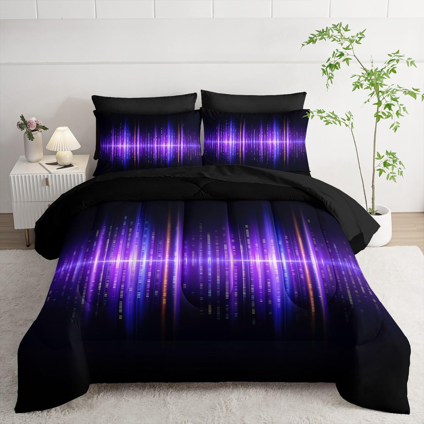 Smell Sunshine 7Pcs Geometric Stripes Comforter Set Purple Gradient Lines Printed Bedding Set with 1 Comforter, 1 Flat Sheet, 1 Fitted Sheet and 4 Pillowcases for Boys and Girls Bedroom (Lines Twin