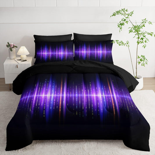 Smell Sunshine 7Pcs Geometric Stripes Comforter Set Purple Gradient Lines Printed Bedding Set with 1 Comforter, 1 Flat Sheet, 1 Fitted Sheet and 4 Pillowcases for Boys and Girls Bedroom (Lines Twin