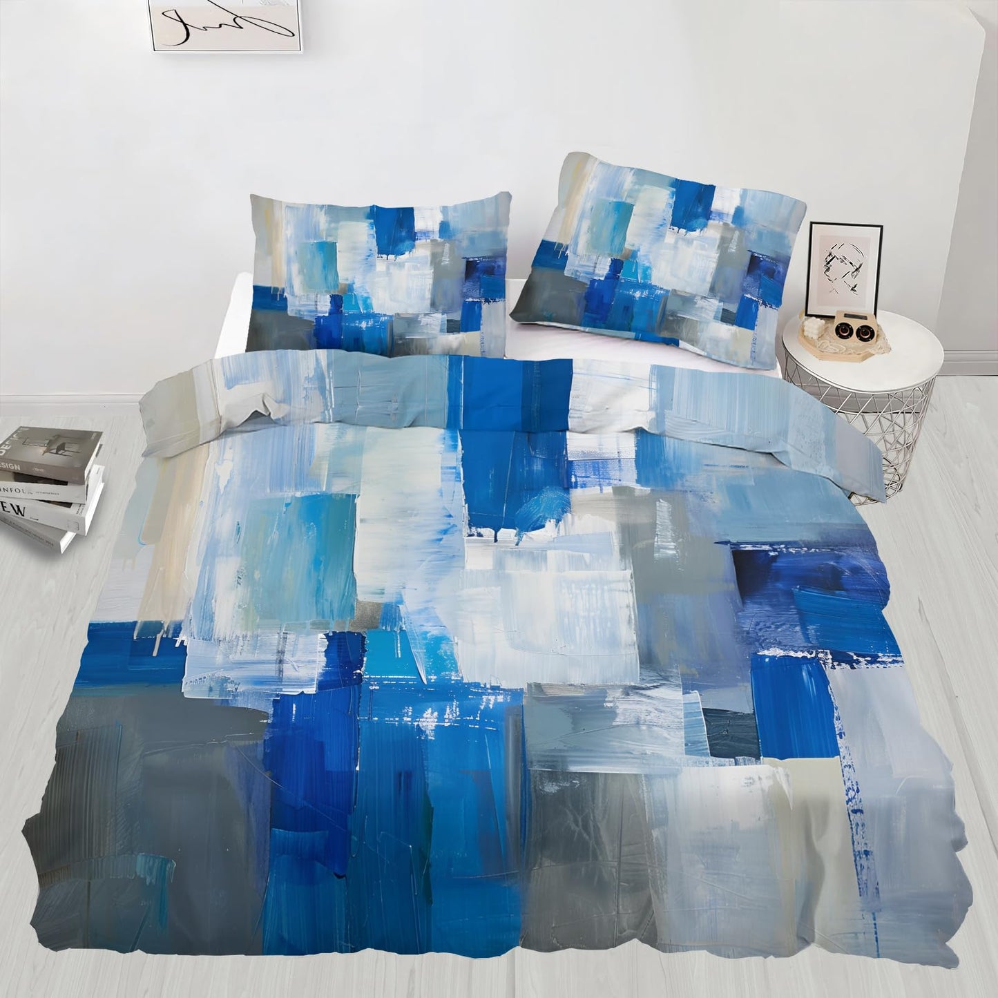 GKPLY Geometric Comforters Queen Size, Medieval Bedding Sets, Blue and Gray Duvet Cover, Zipper Closure, 2 Pillowcases, Reversible Print Bedding & Bedroom Decor