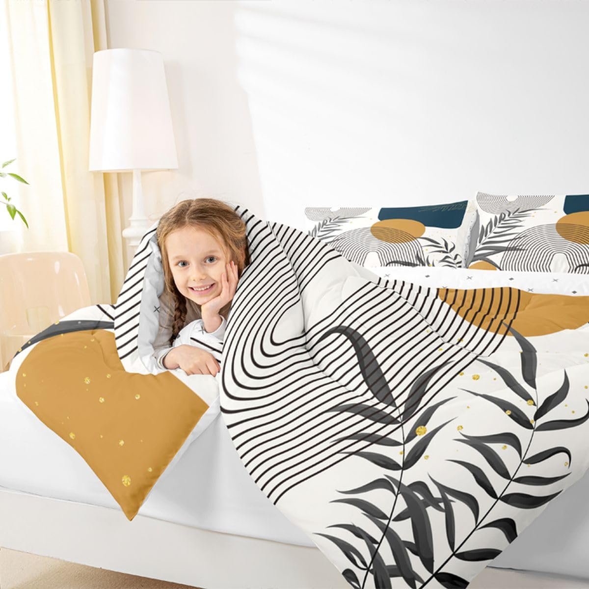 Erosebridal Boho Mid Century Twin Comforter Set, Contemporary Bohemian Minimalist Bedding Set, Abstract Geometric Comforter, Sage Tropical Palm Leaves Retro Elegant Zen Quilt for Kids Teens Adults