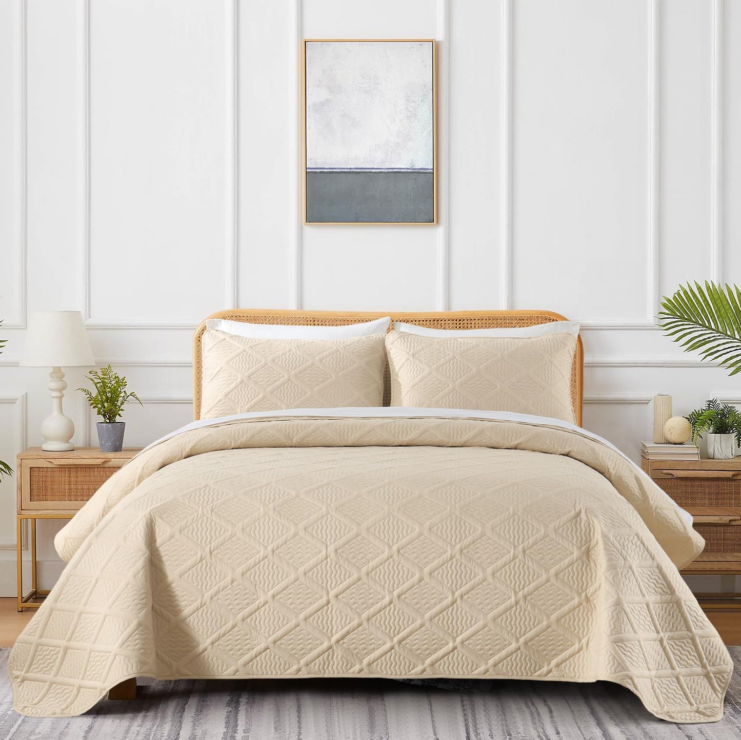 Yiran Camel Quilt Set Queen Size, 3 Piece Reversible Bedspreads Bedding Set, Fall Diamond Pattern Coverlet for All Season with 2 Pillow Shams (Full/Queen, 96x90 Inch)