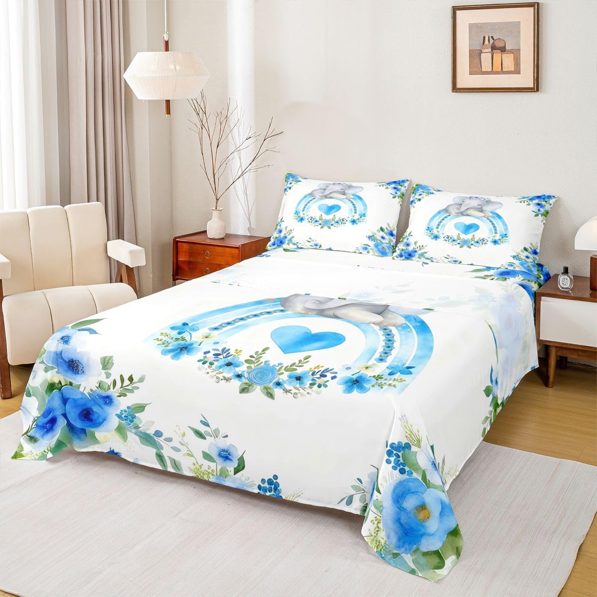 Erosebridal Elephant Bed Sheets Full | Rainbow Heart Pattern Sheet Set for Kids Boys Girls Bohemian Colorful Floral Sheets African Cartoon Wild Animals Flat Fitted Sheet 3 Pcs