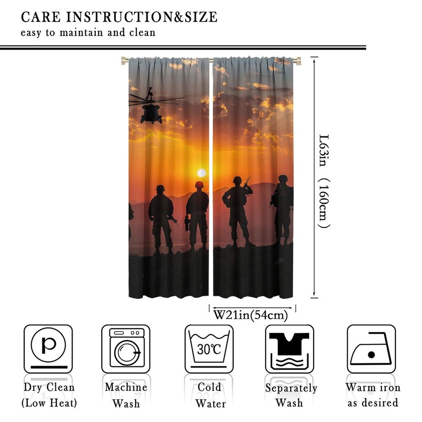 TOWINSFB Fine Military Silhouette Blackout Curtains for Living Room Bedroom, Americana Soldier Helicopter Window Curtains Rod Pocket Thermal Insulated Window Drapes, 2 Panels, Each 21" W x 63" L