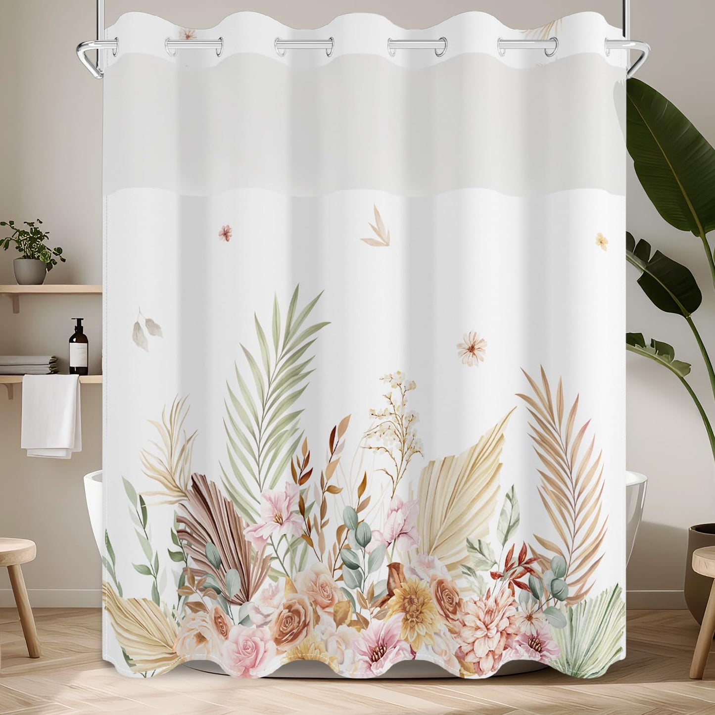No Hook Shower Curtain with Snap in Fabric Liner Set, Waterproof & Washable,Tan Boho Watercolor Leaf Plant Floral Shower Curtains for Bathroom, Hotel Farmhouse Bathroom Curtain, House Gift, 71x74 Inch