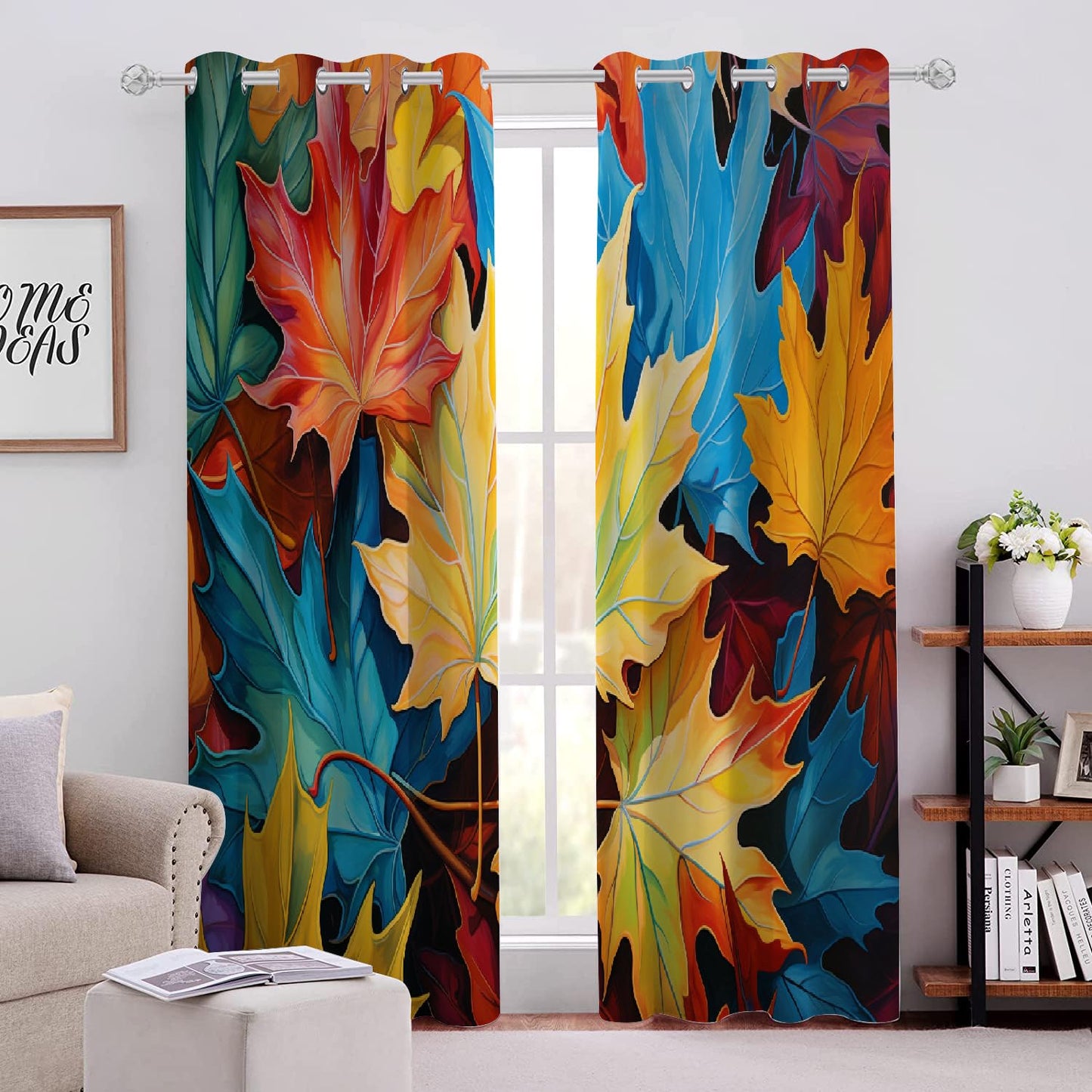Colorful Maple Leaves Blackout Curtains, Bright Plant Texture 3D Printed Noise Reducing Drapes, 2 Panel Top Grommet Drapes for Bedroom Bathroom Living Room Kids Room(84" W x 84 "L)