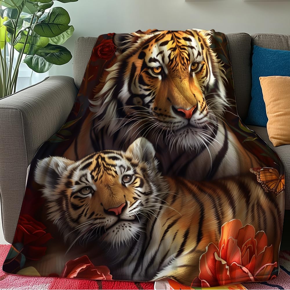 HUNXIAOJ Tiger Throw Blanket Tiger Gift for Kid Animal Print Blankets Queen Size Soft Warm Flannel for Sofa Bed (50 in x 60 in)