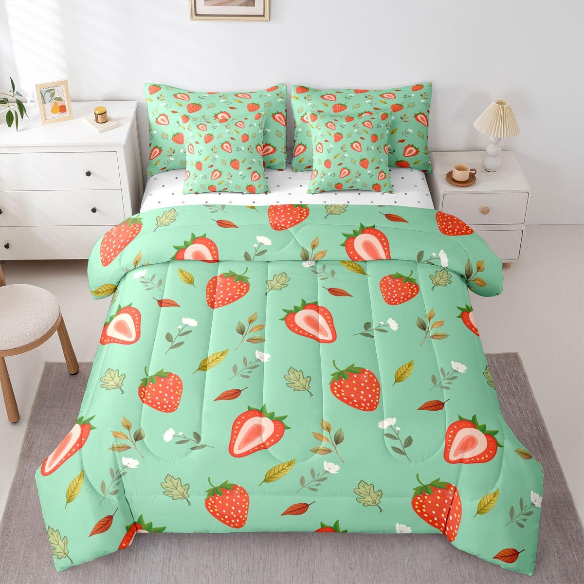 Erosebridal Strawberry 7 Piece Bedding Set Queen Floral Comforter Set with Sheets Plant Leaves Red Cartoon Fruits Bed in a Bag Green Leaf Kawaii Strawberry for Kids Boys Girls