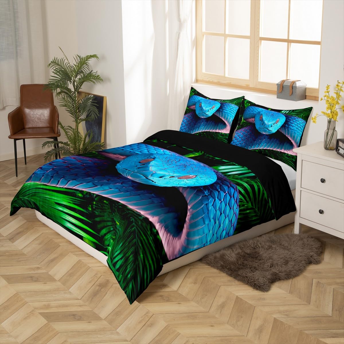 Erosebridal Snake Comforter Cover, 3D Python Duvet Cover, Palm Leaf Bedding Set Full Size, Reptile Tropical Theme Quilt Cover for Kids Boys Girls Teens Living Room Decorative