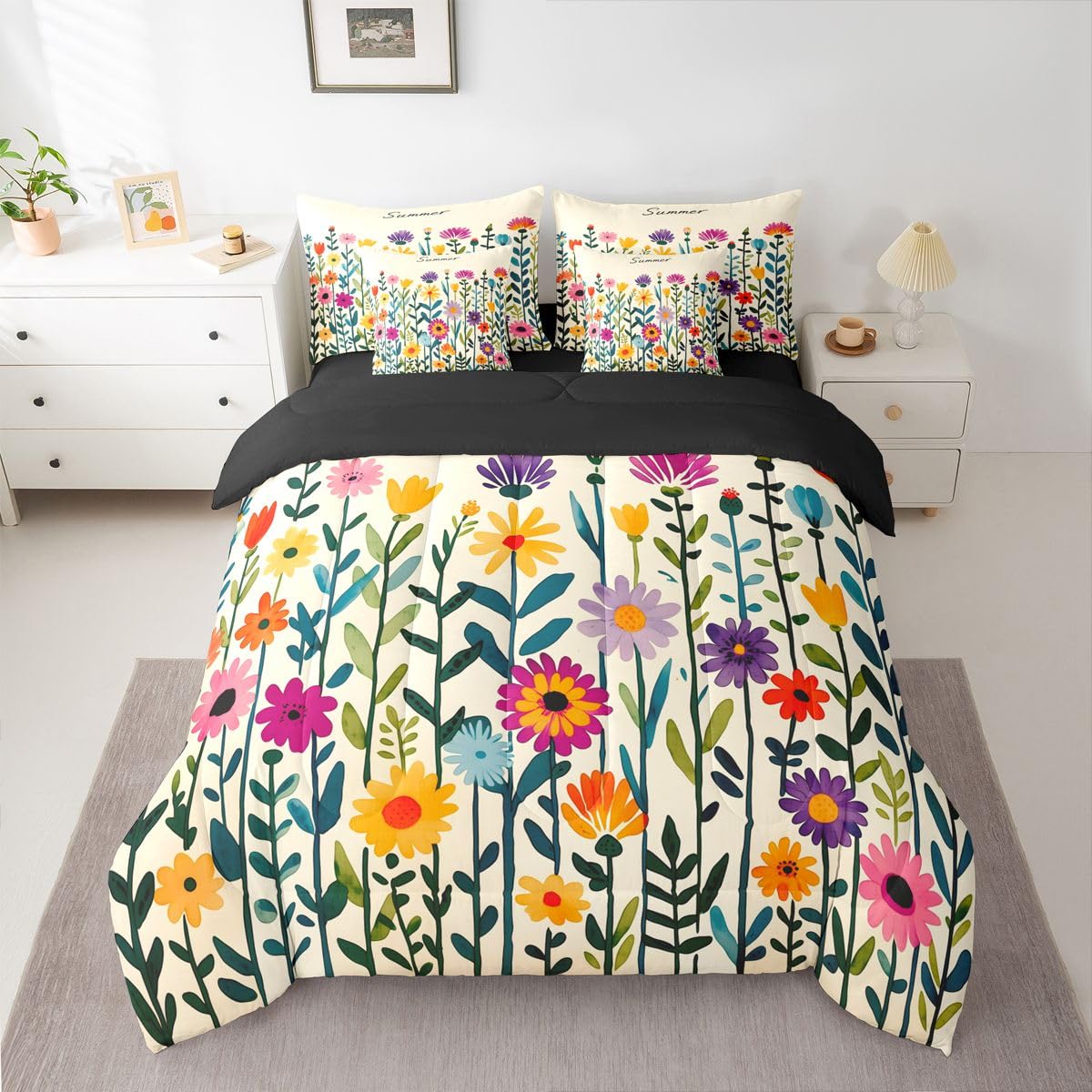 Erosebridal Boho Floral Queen Bedding Set Multicolor Daisy Comforter Set with Flat and Fitted Sheet Watercolor Wildflower Summer 7-Piece Bed in a Bag Kids Girls Women Whimsical Garden Quilt Sets