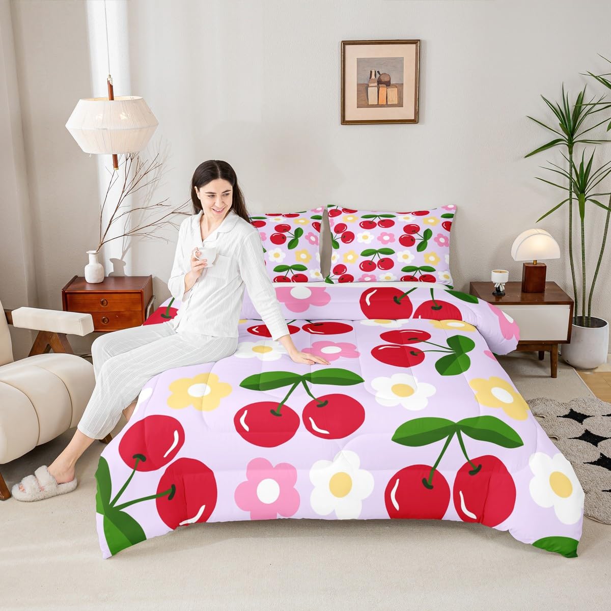 Red Cherry Kids Comforter Set Twin Size,Cartoon Flowers Tropical Fruits Rustic Bedding Set,Girls Princess Room Decor,Modern Fashion Coqueta Down Comforter,Purple Bright Duvet Insert,1 Pillowcase