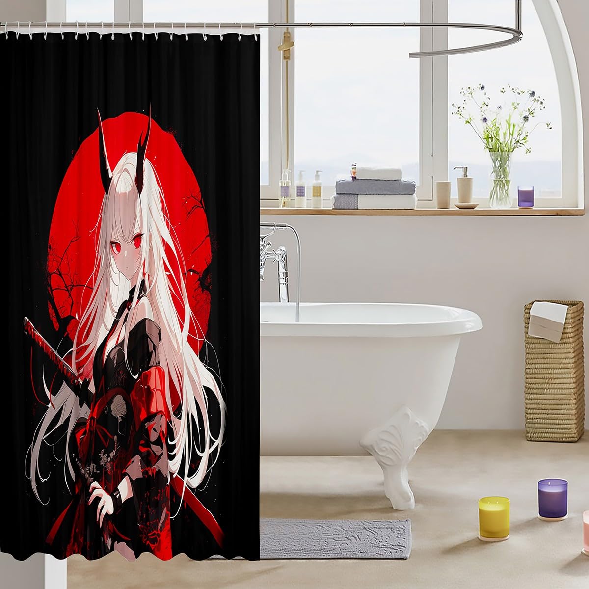 Erosebridal Japanese Anime Bathroom Accessories for Kids, Anime Girl Shower Curtain Kawaii Japanese Style Fabric Shower Curtain 72" W X 72" L Cartoon Japan Animation Waterproof Decor for Boys