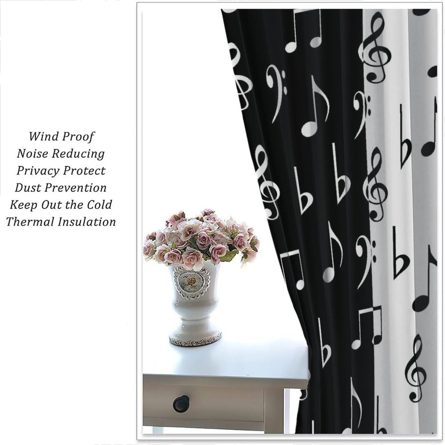 HZOHNAGO Music Curtain Black and White Music Notes Pattern Blackout Print Rod Pocket Window Drapes for Bedroom Living Room 42x45in