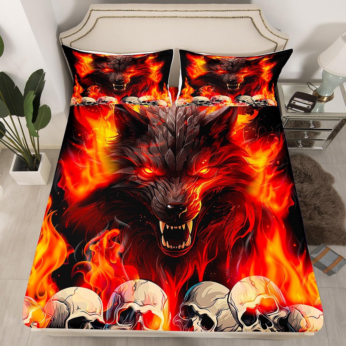 Manfei Fire Wolf Fitted Sheet Twin Size, Orange Flame Gothic Skull Bed Cover with 1 Pillowcase, Wild Animal Theme Bedding Set 2pcs for Kids Boys Teens Adults, Soft Polyester Bedding