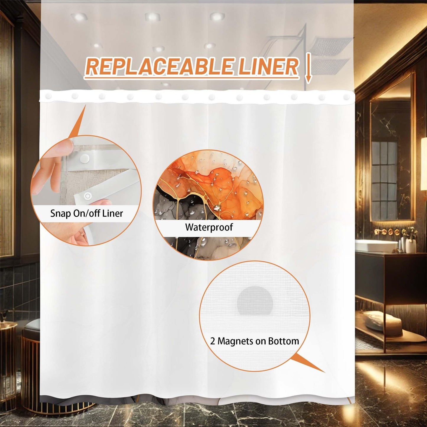 Lvetong Orange Marble Hookless Shower Curtain, 71" W x 74" L