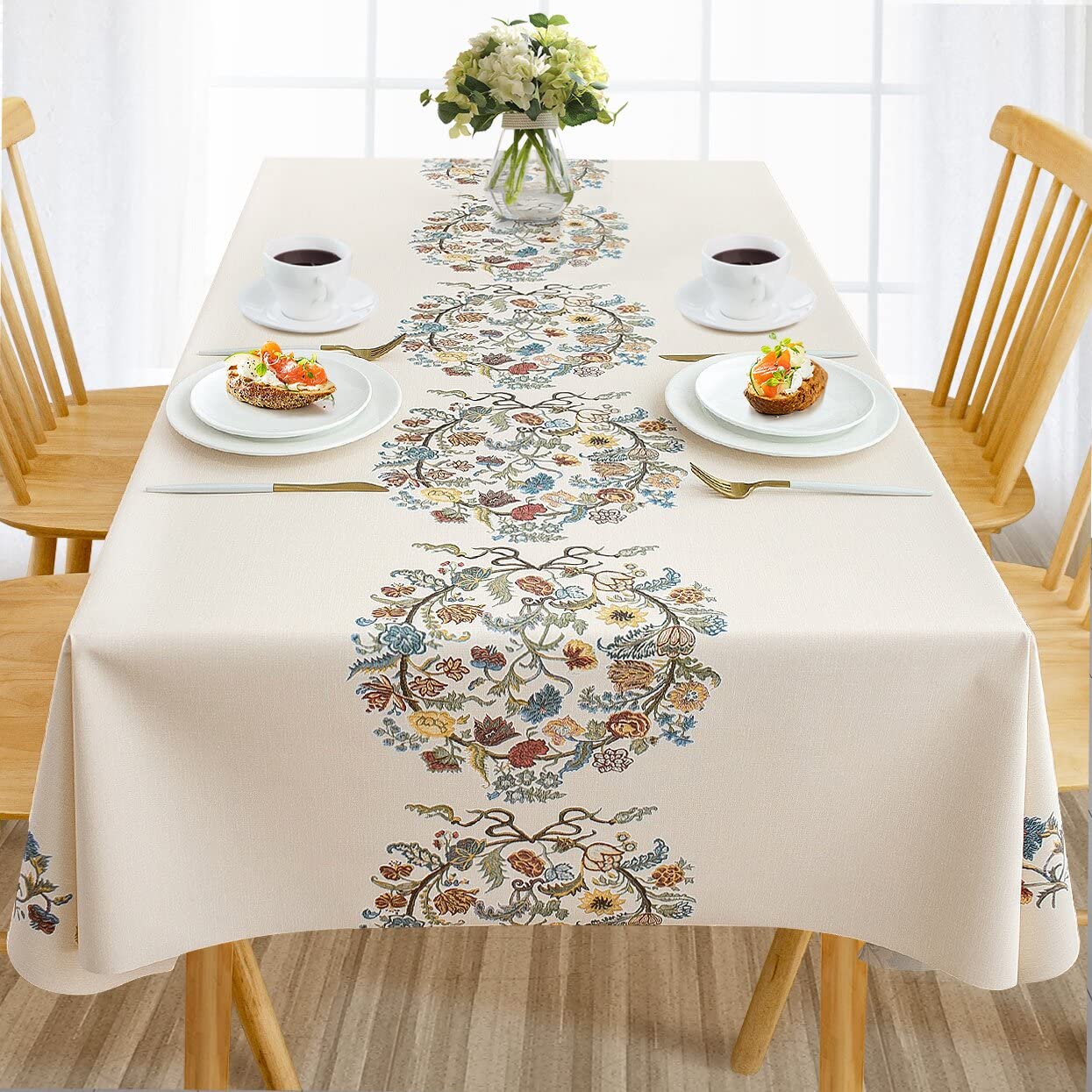 AIRCOWRIE Waterproof Vinyl Tablecloths, Heavy Duty Oil Proof Spill Proof Plastic Table Cloth, Wipe Clean PVC Table Cover for Spring Indoor and Outdoor Use (Embroidery Flower, 54”×108”, Rectangle)