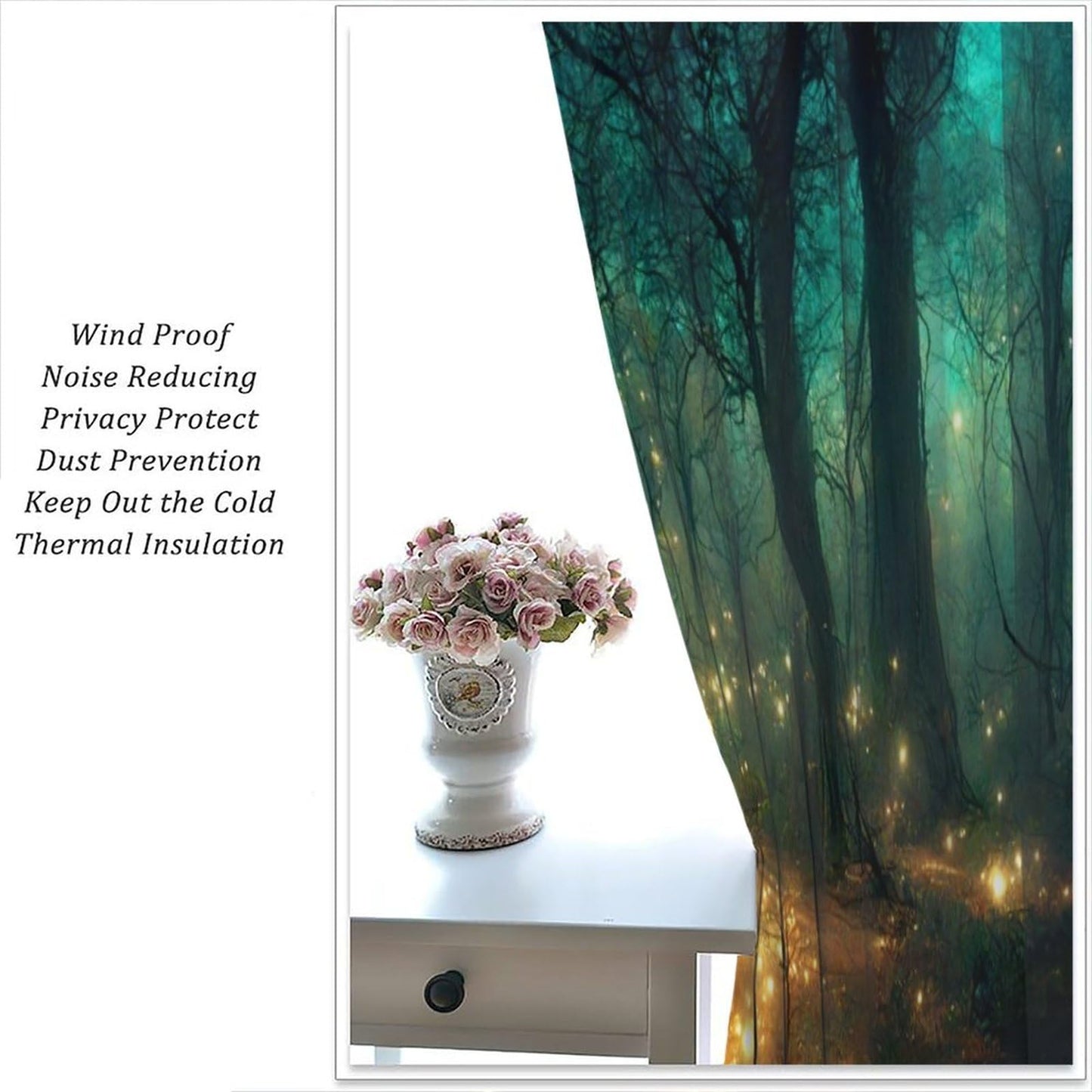 SHElifestyle Fantasy Forest Curtains, Enchanted Trees Dreamy Mist Gothic Forest Glowing Lights Landscape Window Treatments Drapes for Bedroom Living Room W42 X L45