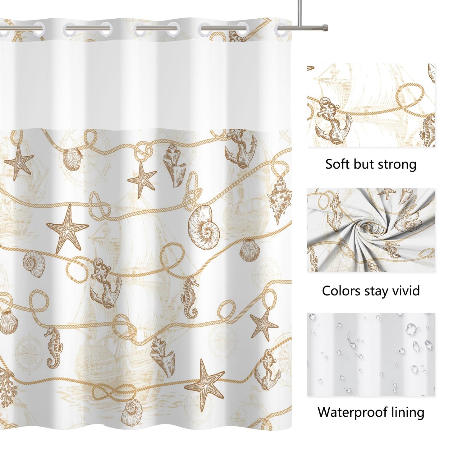 Xiazhilaio No Hook Ocean Shower Curtain with Snap in Liner 71W x 74H