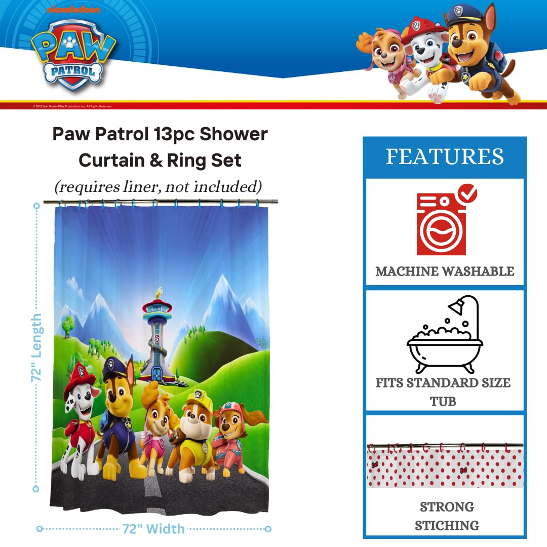 Nickelodeon Paw Patrol 13-Piece Shower Curtain Set, 72 x 72 Inch Fabric Curtain with Hooks, Bathroom Decor, Machine Washable, (100% Officially Licensed Product) by Franco Collectibles